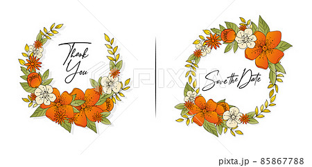 autumn leaves and flower border, illustration of flower wreath with vibrant color isolated white background, applicable for wedding invitation, greeting card, birthday decoration frame, banner & label 85867788