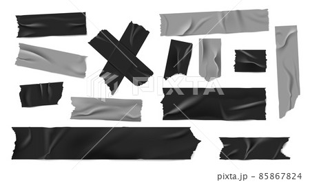 Duct tape. Realistic black and grey adhesive tape with fold and crease, torn strip pieces, crossed and overlapping sticky tape. Vector isolated set image strips tape 85867824