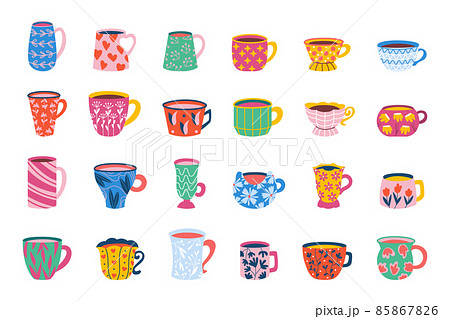 mug. Cartoon ceramic cup with different beverage collection, coffee tea and drinks in cups with simple floral ornaments. Vector set illustrations various image collection colorful ceramic mug. Cartoon ceramic cup with different beverage collection, coffee tea and drinks in cups with simple floral ornaments. Vector set illustrations various image collection colorful ceramic 85867826