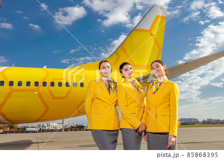 Three joyful flight attendants standing near plane at airport Three joyful flight attendants standing near plane at airport 85868395