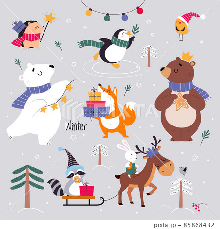 Cute Animal Wearing Warm Scarf and Hat Enjoying Winter Season Carrying Gift Box and Riding Sleigh Vector Set 85868432