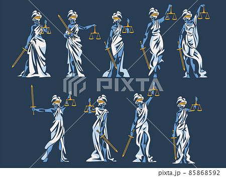 Themis as Ancient Greek Goddess and Lady Justice with Blindfold Holding Scales and Sword Vector Set 85868592