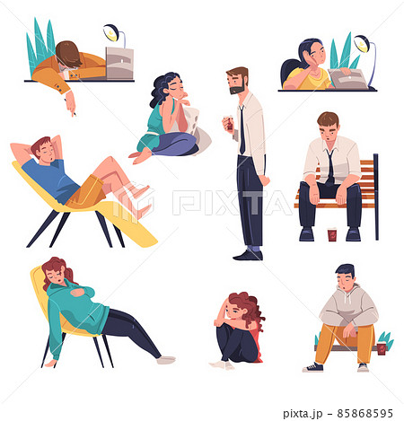 Tired Young Man and Woman Sitting at Table and on Armchair Vector Illustration Set 85868595