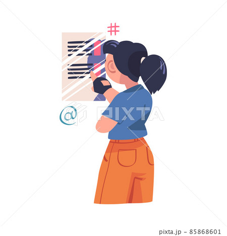 Woman Character at Screen Working with Information Analyzing Data and Browsing Internet Vector Illustration 85868601