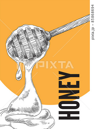 Honey healthy product banner or label, engraving sketch vector illustration. Honey healthy product banner or label, engraving sketch vector illustration. 85868694