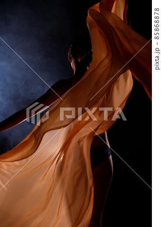 Portrait Swim wear of 20s Asian Woman in shadow low light key with back backlit, side rear view 85868878