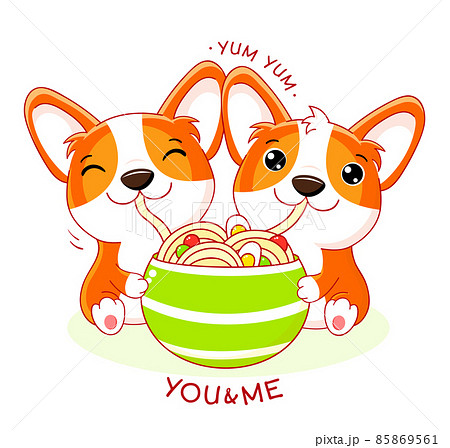 Two cute corgi puppies eat ramen noodles. Kawaii little dogs are happy to eat noodles 85869561