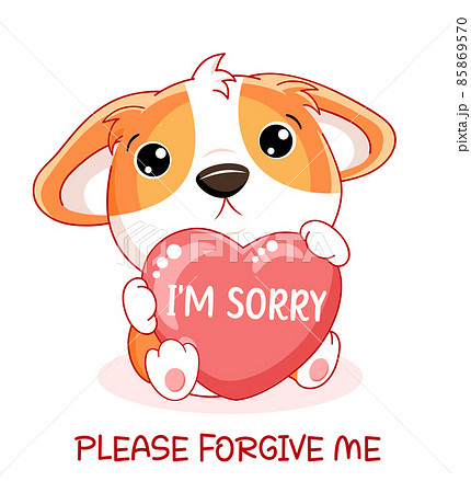 Apologize card. Sad little corgi puppy with pink heart. Inscription I'm sorry, please forgive me Apologize card. Sad little corgi puppy with pink heart. Inscription I'm sorry, please forgive me 85869570