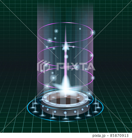 Teleport futuristic portal circle science, sky-fi digital, tunnel with light rays and glows, podium, projector. HUD menu user interface. Vector illustration, black green background 85870913