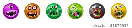 Set od Monster face cartoon round icons head Halloween characters. Illustration, sticker, emblem funny cute mask, vector 85870932