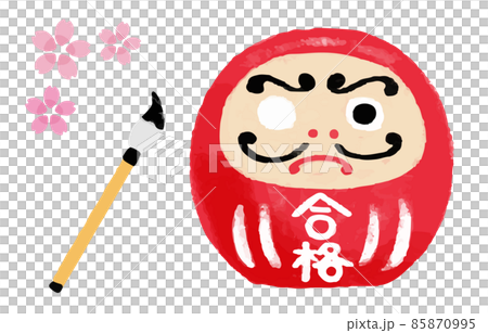Illustration of a red passing Daruma doll and cherry blossoms with one eye waiting for the eyes 85870995
