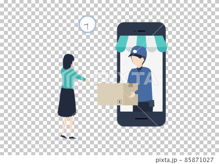 Illustration material of a young Japanese woman who uses online shopping and a man who delivers Illustration material of a young Japanese woman who uses online shopping and a man who delivers 85871027