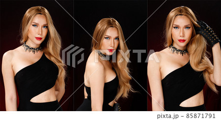Beautiful LGBT or LGBTQIA+ Transgender woman wear sexy red dress black blonde hair. 30s 40s female Beautiful LGBT or LGBTQIA+ Transgender woman wear sexy red dress black blonde hair. 30s 40s female 85871791