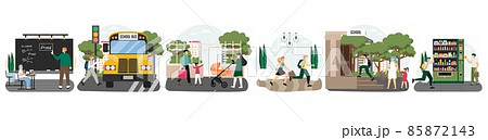 School scene set, vector illustration. Lesson, break, bus, students, kids with parents going to class. Education. 85872143