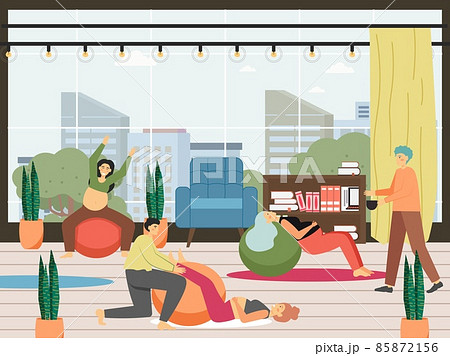 Pregnant mom gym or house workout on fit ball, vector illustration. Prenatal health care, pregnancy ball exercises. 85872156