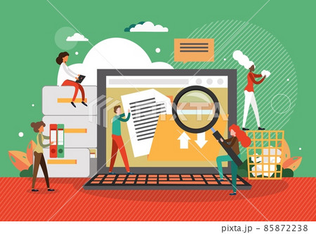 Office people creating folders, saving office electronic documents, flat vector illustration. Digital file management. 85872238