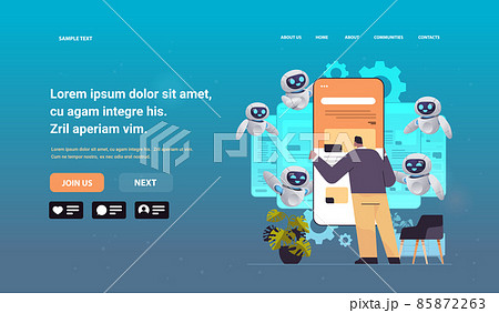 man and robot web developers creating program code on smartphone screen development of software and programming man and robot web developers creating program code on smartphone screen development of software and programming 85872263