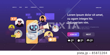 chatbot using loudspeaker discussing with mix race businesspeople during virtual conference on smartphone screen chatbot using loudspeaker discussing with mix race businesspeople during virtual conference on smartphone screen 85872264