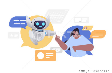 businesswoman with robot in chat bubbles discussing during meeting online communication artificial intelligence technology 85872447