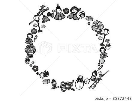 ひな祭りのかわいい円形フレーム 白黒 モノクロのイラスト素材