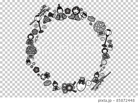 ひな祭りのかわいい円形フレーム／白黒　モノクロ 85872448