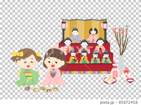 ひな祭りで貝合わせの遊びをする女の子のイラスト／線画なし 85872458