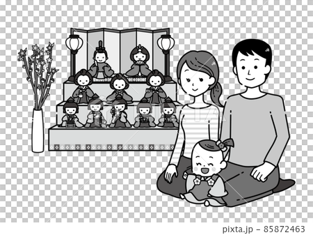 Illustration of baby and parents sitting in front of Hina dolls at the celebration of the first festival / black and white monochrome Illustration of baby and parents sitting in front of Hina dolls at the celebration of the first festival / black and white monochrome 85872463