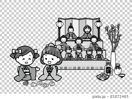 ひな祭りで貝合わせの遊びをする女の子のイラスト／白黒　モノクロ 85872465