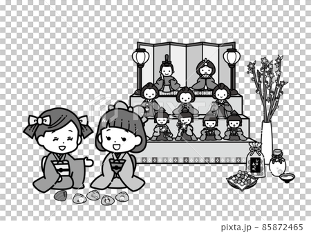 Illustration of a girl playing kai-awase at the Doll's Festival / Black and white monochrome 85872465