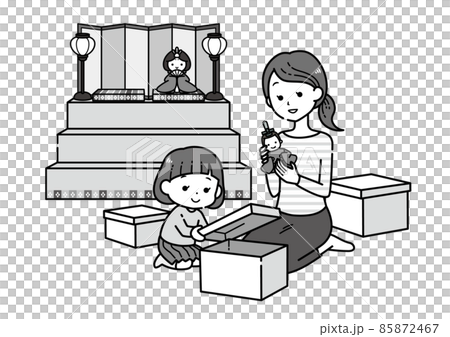 母親和女兒裝飾 Hina 娃娃 / 黑白單色的插圖 85872467