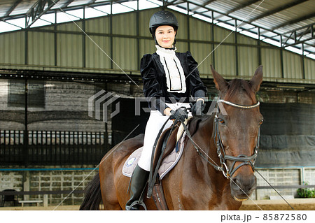 Young 20s Asian woman in horse riding suit with beautiful animal outdoors. Female ride tall smart 85872580