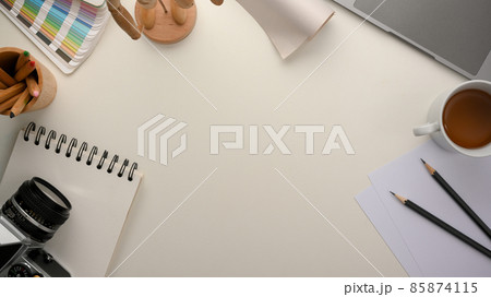 Graphic designer workspace with empty space on white table Graphic designer workspace with empty space on white table 85874115