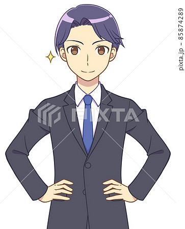 腰に手をあてるスーツの男性のイラスト素材