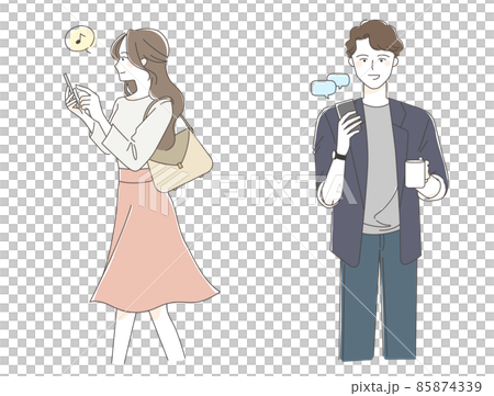 微笑的男人和女人看智能手機的插圖 微笑的男人和女人看智能手機的插圖 85874339