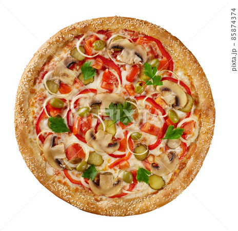 Vegetarian pizza with mushrooms, pickles, tomatoes, bell peppers, onions, olives and greens on melted mozzarella Vegetarian pizza with mushrooms, pickles, tomatoes, bell peppers, onions, olives and greens on melted mozzarella 85874374