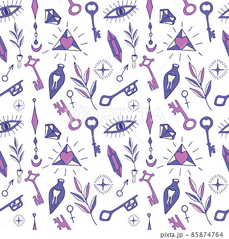 Pattern Tarot element doodle Magic. Symbols of witchcraft. Elements of witchcraft concept potion crystal keys of mandrake. 85874764