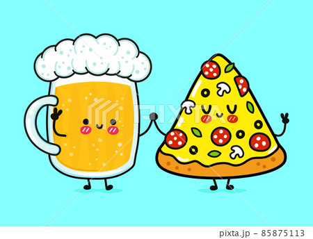 Cute, funny happy glass of beer and pizza. Vector hand drawn cartoon kawaii characters, illustration icon. Funny happy cartoon glass of beer and pizza mascot character concept 85875113