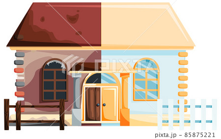 Home renovation, old house before and after repair. New and old suburban cottage. Remodel building Home renovation, old house before and after repair. New and old suburban cottage. Remodel building 85875221