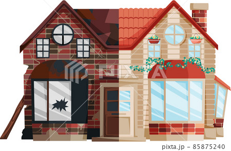 Home renovation, old house before and after repair. New and old suburban cottage. Remodel building 85875240