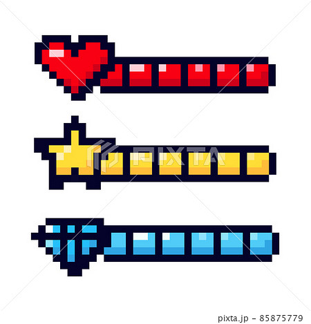 Pixel game element. Game pixel art magic items, digital pixelated lives bar and menu button. 85875779