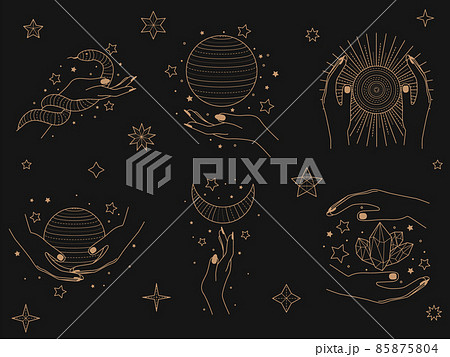 Magical space objects, planets, stars with female hands and faces vector illustration set. Collection of Mystical and Astrology objects. 85875804
