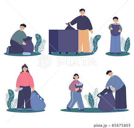 Collect garbage characters. Cleaning city, man woman with bags for waste. People cleaning environment nature. Isolated 85875805