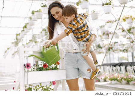 Mom helps her little son water flowers in the greenhouse Mom helps her little son water flowers in the greenhouse 85875911