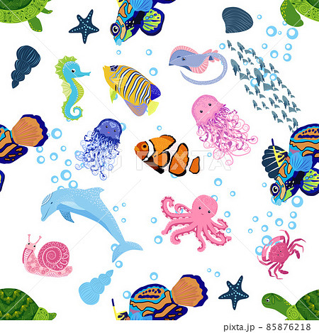 Marine life, fish, animals bright seamless pattern. sea travel, underwater diving animal tropical fish. Jellyfish, whale, shark, seahorse, clown fish, dolphin, turtle emperor fish octopus stingray Marine life, fish, animals bright seamless pattern. sea travel, underwater diving animal tropical fish. Jellyfish, whale, shark, seahorse, clown fish, dolphin, turtle emperor fish octopus stingray 85876218