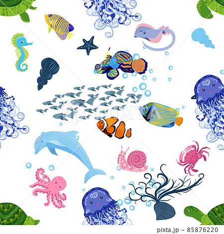Marine life, fish, animals bright seamless pattern. sea travel, underwater diving animal tropical fish. Jellyfish, whale, shark, seahorse, clown fish, dolphin, turtle emperor fish octopus stingray 85876220