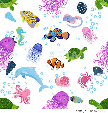 Marine life, fish, animals bright seamless pattern. sea travel, underwater diving animal tropical fish. Jellyfish, whale, shark, seahorse, clown fish, dolphin, turtle emperor fish octopus stingray Marine life, fish, animals bright seamless pattern. sea travel, underwater diving animal tropical fish. Jellyfish, whale, shark, seahorse, clown fish, dolphin, turtle emperor fish octopus stingray 85876230