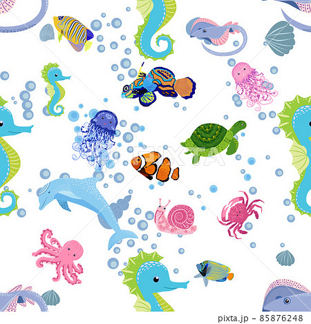 Marine life, fish, animals bright seamless pattern. sea travel, underwater diving animal tropical fish. Jellyfish, whale, shark, seahorse, clown fish, dolphin, turtle emperor fish octopus stingray 85876248
