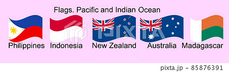 Flags of Oceania countries in original colors. Philippines, Indonesia, New Zealand, Australia, Madagascar 85876391