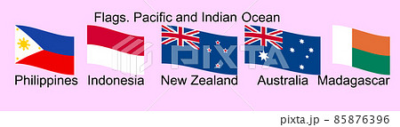Flags of Oceania countries in original colors. Philippines, Indonesia, New Zealand, Australia, Madagascar 85876396