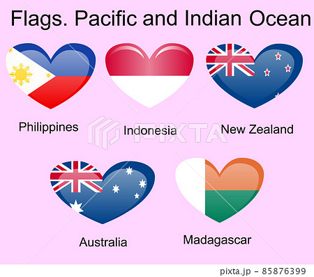 Flags of Oceania countries in original colors. Philippines, Indonesia, New Zealand, Australia, Madagascar 85876399